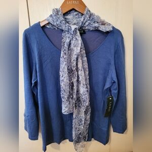 NWT Ralph Lauren Blue Long Sleeve Top with Attached Scarf Sz XL
